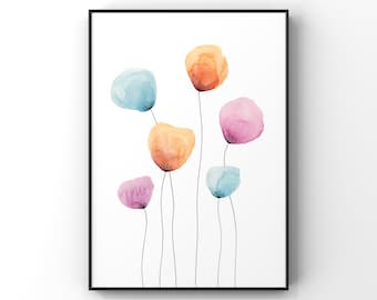 Abstract Tulips Watercolour Wall Art / Botanical Floral Print / Colourful Home Decor