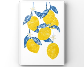 Druckbare Kunst: Abstrakte Zitronen Wandkunst / Zitrusfrucht / Zitronenblüten botanischer Druck / Küche Wohnkultur / Gelb und Blau Kunst