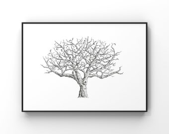 Apple tree stippling art print / botanical nature dotwork wall art / black and white home decor