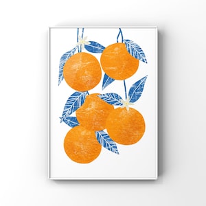 Printable Art: Abstract Oranges Wall Art / Citrus Fruit / Orange Blossom Botanical Print / Kitchen Home Decor / Orange and Blue Art