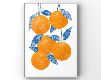 Printable Art: Abstract Oranges Wall Art / Citrus Fruit / Orange Blossom Botanical Print / Kitchen Home Decor / Orange and Blue Art