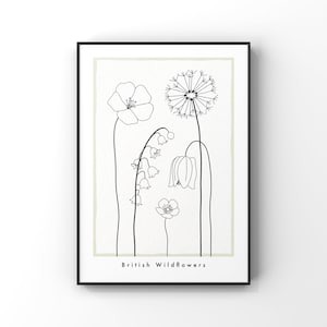 British Wildflowers Abstract Wall Art / Botanical Floral Line Drawing Print / Minimalist Neutral Home Decor image 1