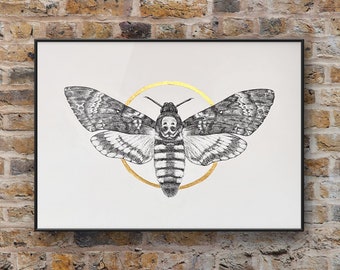 Death’s-head Hawkmoth Wall Art / Death Head Moth Dotwork Stippling Print / Insect Print / Black and White Home Decor