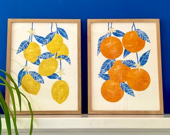 Pair of Abstract Citrus Fruit Prints / Orange and Lemon Wall Art / Blossom Botanical / Kitchen Home Decor / Orange, Yellow and Blue Art