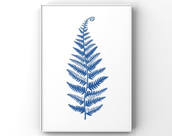Abstract Blue Fern Wall Art / Botanical Nature Print / Blue and White Home Decor