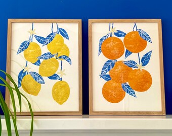 Printable Art: Pair of Abstract Citrus Fruit Illustrations / Orange and Lemon Wall Art / Blossom Botanical / Kitchen Home Decor