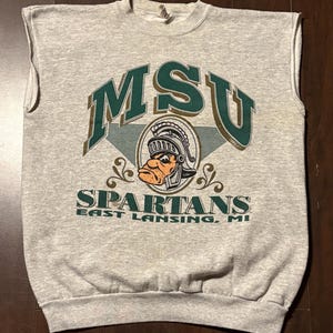 Vintage 1990s Michigan State University Spartans Collegiate NCAA Graphic Sleeveless Crewneck Sweatshirt Pullover USA