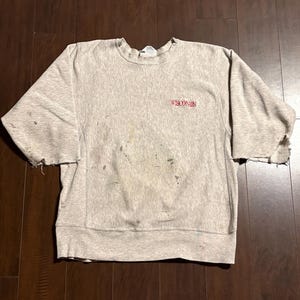 May include: A light grey sweatshirt featuring the word "WISCONSIN" in red. The short-sleeved top has distressed edges and paint marks. The garment is made of a soft, comfortable material.