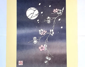 Original Handmade Paper Cut Artwork “Sakura Blossoms in the Moonlight”,  paper cutting ( kiri-e )