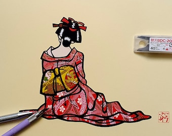 Original Handmade Paper Cut Artwork “Resting Japanese Woman”,  paper cutting ( kiri-e )