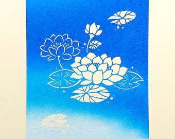 Original Handmade Paper Cut Artwork “Water Lily katagami”,  paper cutting ( kiri-e )