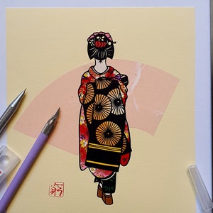 Opera d'arte originale fatta a mano in carta tagliata "Geisha", ritaglio di carta (kiri-e) - realizzata su ordinazione