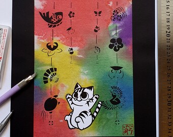 Original Paper Cut Artwork “Happy Matsuri Cat”,  paper cutting ( kiri-e )