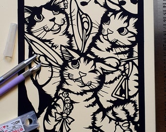 Original Handmade Paper Cut Artwork “Cat Musicians”,  paper cutting ( kiri-e )