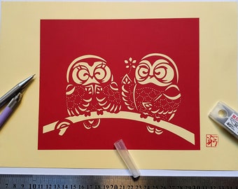 Original Handmade Paper Cut Artwork “Owls in Love”,  paper cutting ( kiri-e )