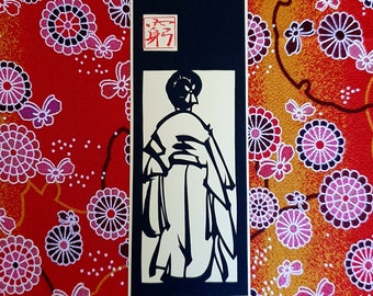 Handmade Bookmark - Japanese woman in calligraphy style,  paper cutting ( kiri-e)