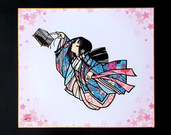Original Handmade Paper Cut Artwork “Girl catching Dragonflies”,  paper cutting on shikishi