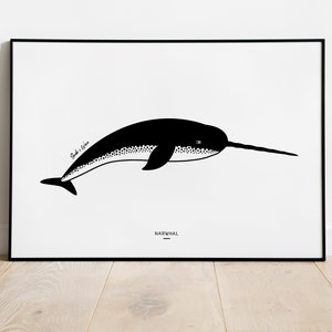 Narwhal Art Print, Ocean Print, Narwhal Poster, Whale Poster, Whale Illustration, Marine life Wall Art, Home Decor, Kids room, A4-size