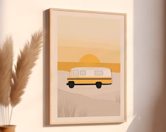 Camper Van Art Print, Mercedes 508D, Van Life Poster, Retro Van Wall Decor, Yellow Van Wall Art, Van Gift, Camper drawing, Sunset Wave Decor