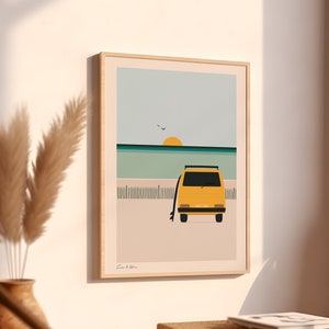 Lámina artística de una Volkswagen T3 Camper, póster de surf, lámina oceánica, ilustración de playa de VW, arte mural de una camper, dibujo de una furgoneta de surf, papel pintado de tabla de surf