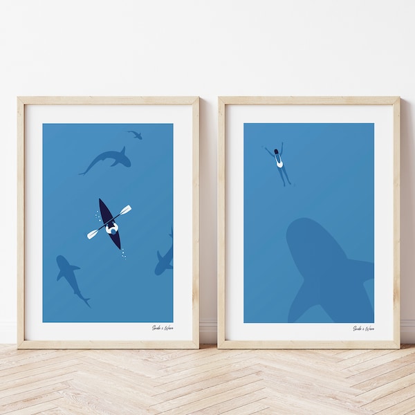 Shark Art Print Set, Ocean Poster, Shark Print, Canoe, Sharks, Shark Art Work, Marine life, Wall Art, Home Decor, Kids room, A4-size