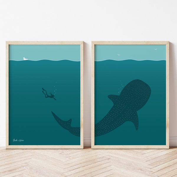 Whale Shark Art Print Set, Scuba Print, Whale Shark Poster, Scuba Diver Art Work, Dive Print, Wall Art, Home Decor, Kids room, A4-size