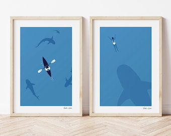 Shark Art Print Set, Ocean Poster, Shark Print, Canoe, Sharks, Shark Art Work, Marine life, Wall Art, Home Decor, Kids room, A4-size