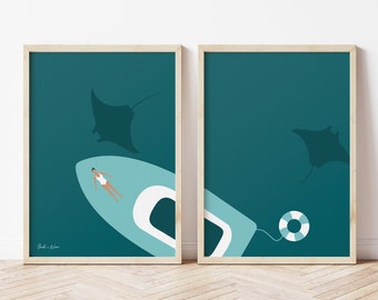 Manta Ray Art Print Set, Ray Print, Manta Ray Poster, Manta Art Work, Marine life Print, Wall Art, Home Decor, Kids room, A4-size