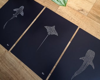 Ocean Art Prints Set, Whale shark, Night Ocean Poster, Eagle Ray, Zebra shark, Sharks Print, Diver gift, Sea Home Decor, Set of 3 A4-size