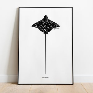 Eagle Ray Art Print, Ray Poster, Ocean Print, Marine Life, Spotted Eagle Ray Illustration, Sea, Wall Art, Home Decor, Kids room, A4-size