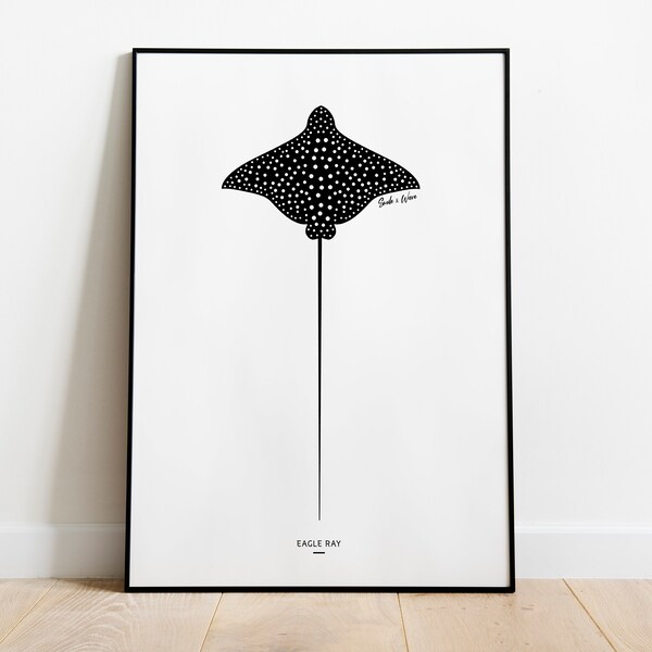 Eagle Ray Art Print, Ray Poster, Ocean Print, Marine Life, Spotted Eagle Ray Illustration, Sea, Wall Art, Home Decor, Kids room, A4-size