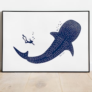 Whale Shark Art Print, Instant Download, Diving Poster, Marine life Wall Art, Ocean Illustration, Diver gift, Sharks wallpaper, Wall Deco