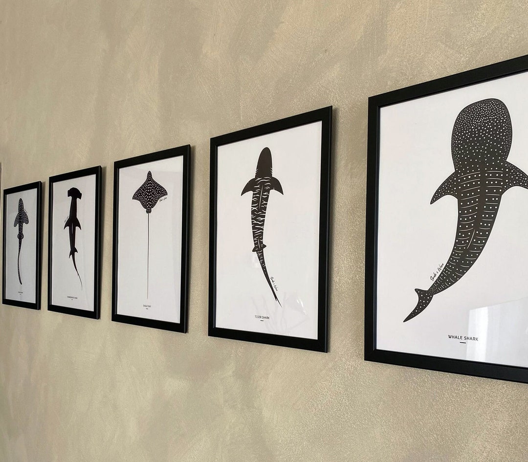 Ocean Art Print Set, Shark Wall Art, Hammerhead Shark, Whale Shark ...