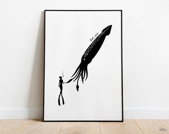 Free diving Art Print, Giant squid Poster, Ocean Print, Sea life Poster, Marine Life, Free diver Illustration, Wall Art, Home Decor, A4-size