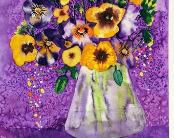 Purple and Yellow Pansies In a Vase, Original Watercolour Flowers by Helen Whitmore, size 12 x 9 inches