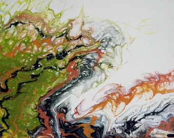 Green & Gold Wave Original Acrylic Pour Painting by Helen Whitmore, size 12 x 16 inches