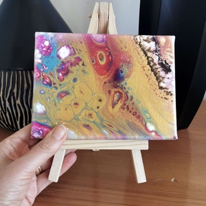 Canvas mini, Original abstract acrylic pour painting, contemporary fluid art, small cute art gift, measures 16 x 12 cms