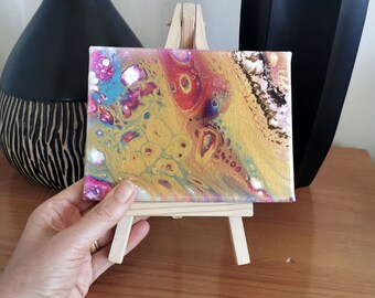 Canvas mini, Original abstract acrylic pour painting, contemporary fluid art, small cute art gift, measures 16 x 12 cms