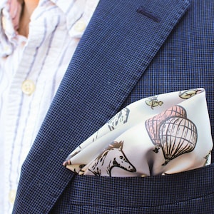 Kentucky Derby Pocket Square Handkerchief | Hand Illustrated Horse, Bourbon, Hat Pattern | Formal Boho Fashion Accessory