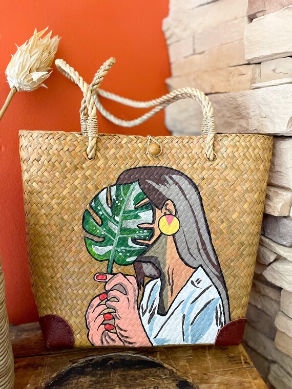 Handpainted Acrylic Color on Straw Handcrafted Krajood Bag Woven