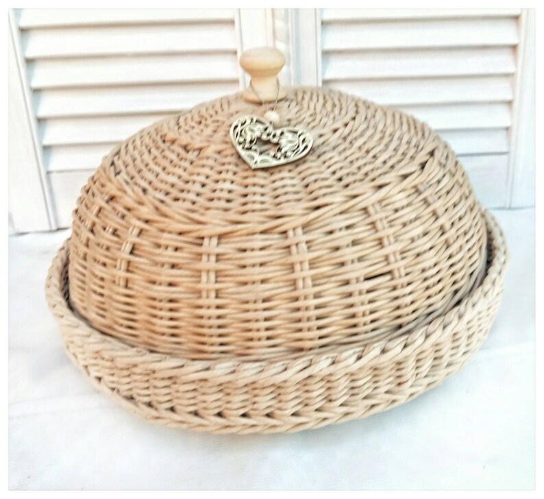Wicker Round Bread Box beige cloche hat with wooden handle Etsy