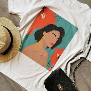 Abstract Tshirt Stylish White Cotton T-shirt - Woman with blue background and peach color flowers, Trendy Tshirt, Art Shirt, boho design