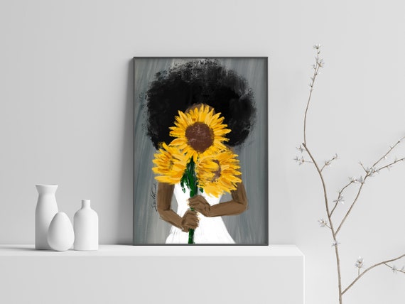 Black Woman Art African American Art African Woman Art Boho Wall Art Black Girl Illustration Sunflower Girl Art Abstract Female Print