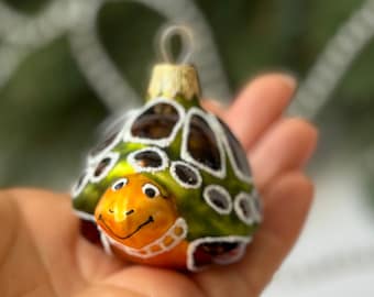 Turtle glass Christmas ornament, Cute Woodland animal hand painted Xmas tree hanging decoration, hand blown