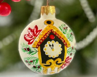 Cuckoo Clock glass Christmas ball ornament, Xmas tree hand painted hanging decoration, hand blown