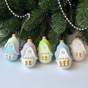Gingerbread house Pastel color glass Christmas ornament, Xmas glass hanging hand painted tree decoration, hand blown