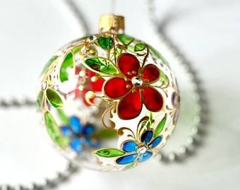 Decorazione natalizia floreale in vetro colorato, decorazione da appendere all'albero di Natale con fiori rossi, ornamento dipinto a mano