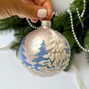 Blue White Winter landscape glass Christmas ornament, Rustic hand painted Xmas tree hanging decoration, hand blown
