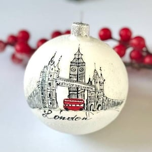 London Christmas glass ornament, Xmas collectible bauble, hand painted Christmas tree glass ball, British travel gift