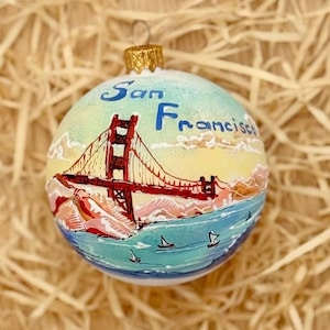 San Francisco Christmas glass ornament, Golden Gate Bridge, Xmas collectible bauble, hand painted Xmas tree glass ball, American travel gift